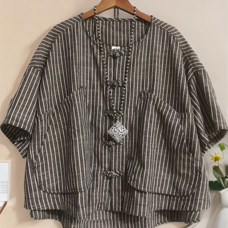 铃铃原创棉麻夏季炒色宽松竖条大兜棉麻开衫上衣（胸围156衣长62）