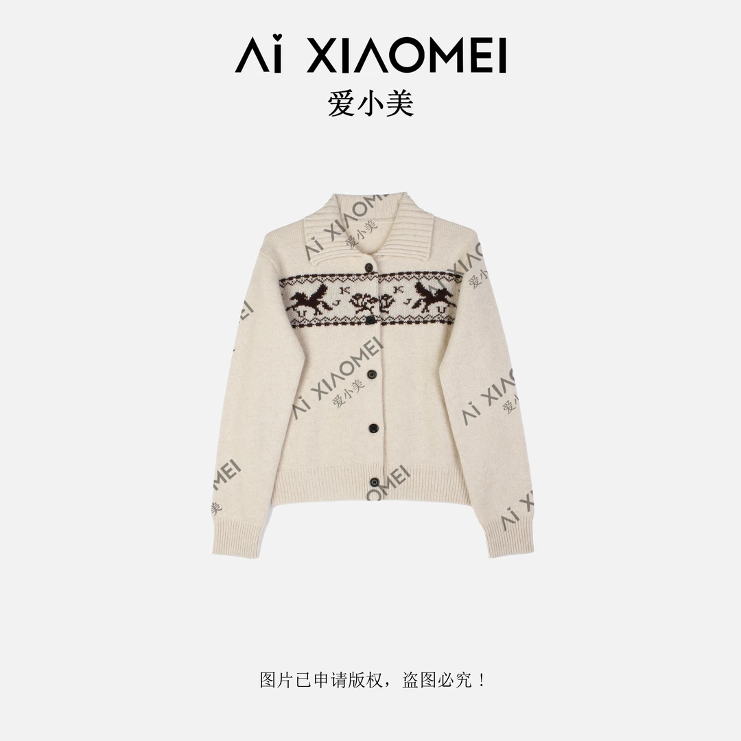 飞马提花山羊绒针织单排扣翻领T级毛衣显瘦百搭气质上衣YR08-1637