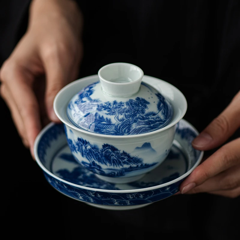 高端泡茶青花瓷三才盖碗单个陶瓷仿古高足泡茶碗家用功夫茶具茶碗