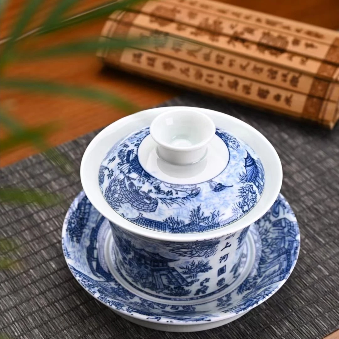 德化中国白瓷大容量青花三才功夫茶具带盖泡茶器中国风清明上河图