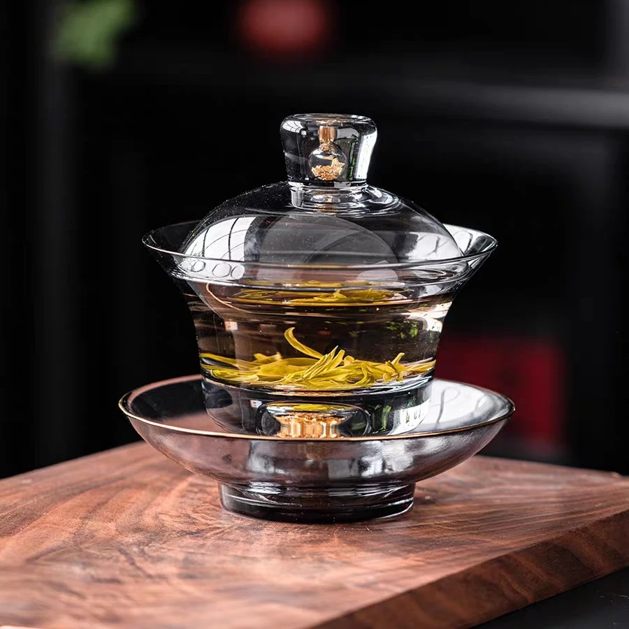 奢灰金箔三才盖碗单个高档大容量日式加厚水晶玻璃茶具手工泡茶碗