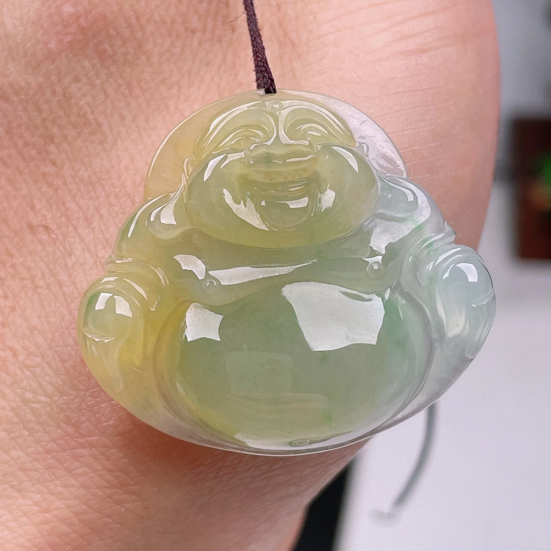 缅甸天然A货翡翠冰种冰黄翡大肚笑佛佛公吊坠玉石挂件