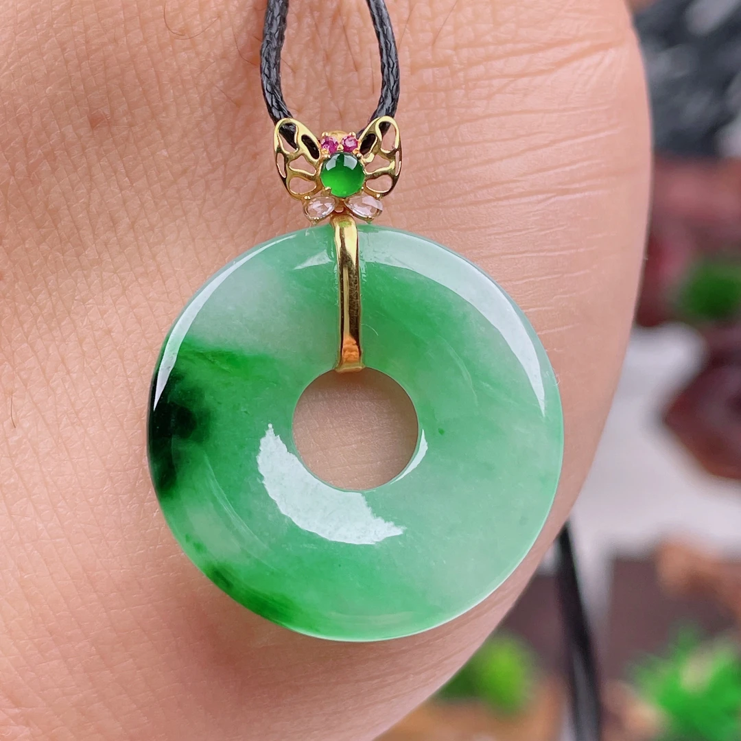 天然翡翠冰糯种18K金镶嵌阳绿平安扣吊坠玉石挂件重约4.17克