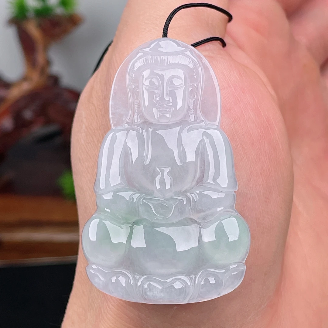 天然缅甸A货翡翠冰糯种起胶感观音观音菩萨吊坠玉石挂件