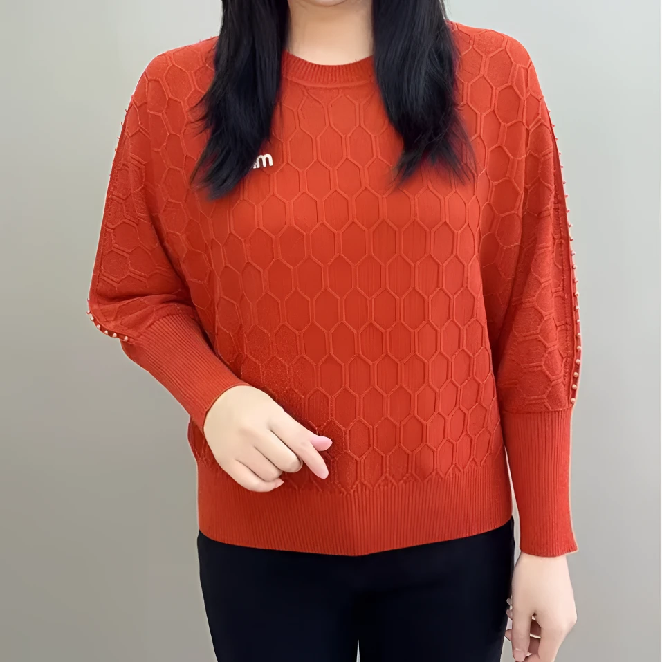 纯色时尚钉珠气质休闲针织上衣秋冬款气质长袖套头减龄妈妈装小衫
