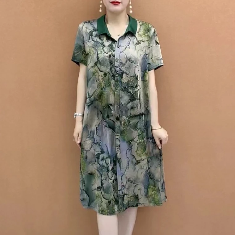 新款宽松显瘦高档妈妈装2024夏季短袖气质减龄大码翻领百搭连衣裙