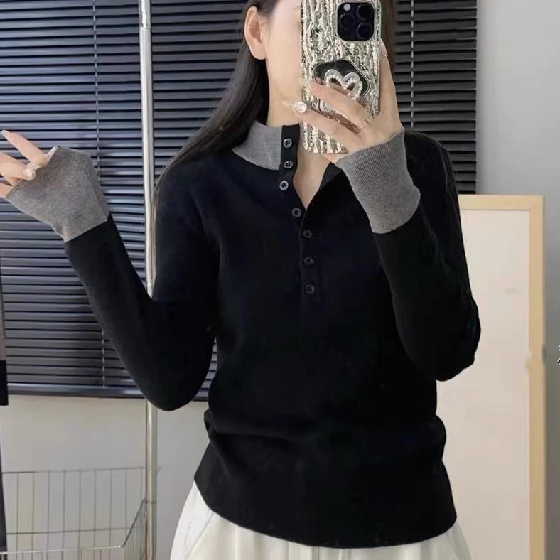范范与凡凡【撞色高领】韩版小众设计撞色排扣打底衫女修身显瘦上衣