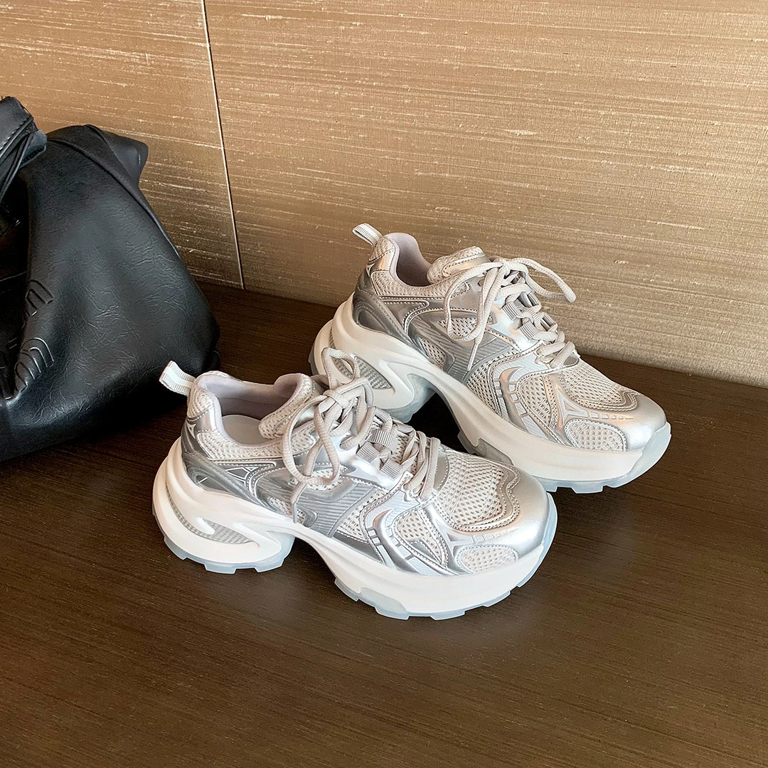 【葡萄家】巴黎旧刊~银白色网面系带增高运动休闲风鞋女老爹鞋鞋子