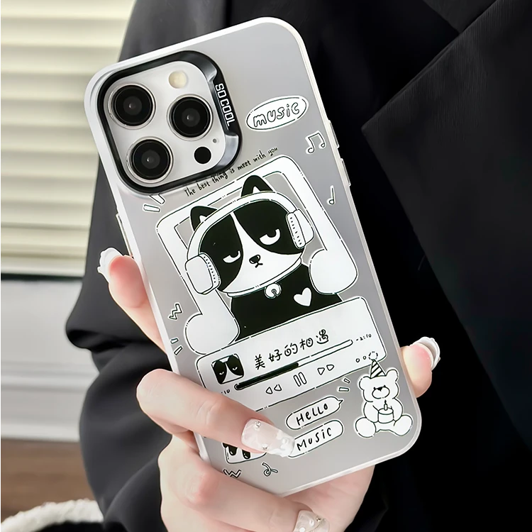 潮牌可爱苹果耳机猫防摔壳磨砂镭射个性卡通创意iPhone15适用ins