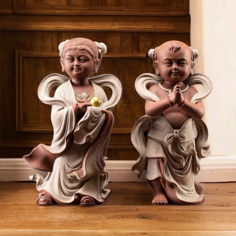 紫砂金童玉女摆件家用童子龙女创意陶瓷中式装饰品家居客厅玄关