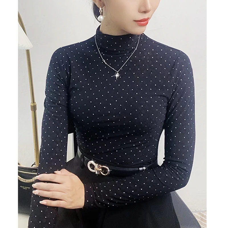 秋冬加绒加厚打底衫女大码半高领修身暗提花烫银长袖T百搭上衣女