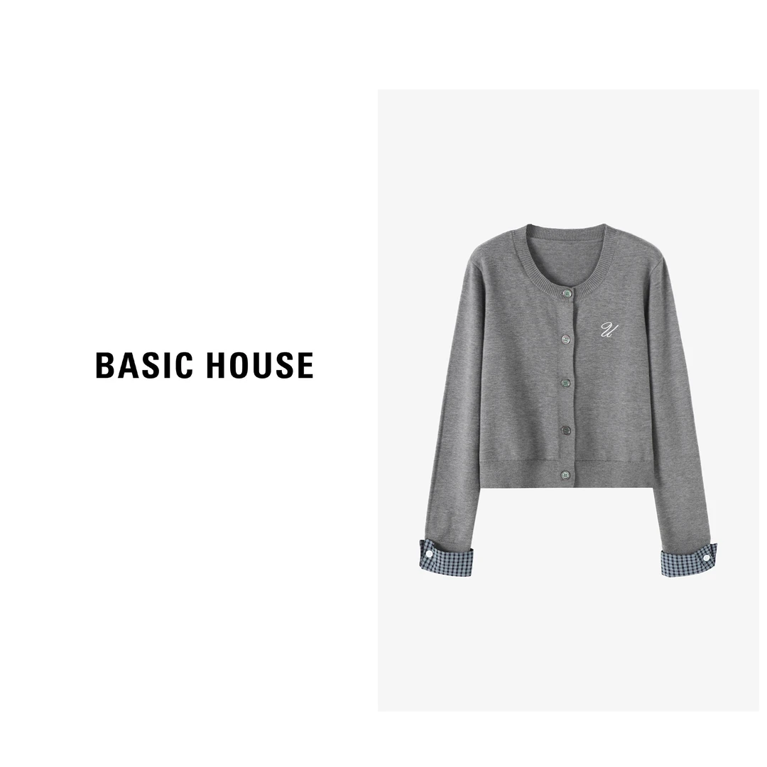 【陈大可专属】翻边针织衫女开衫圆领格子拼接-B0624S5F892