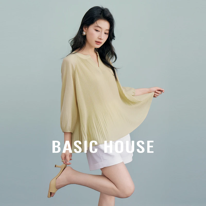 Basic House/百家好夏季醋酸7分袖法式新款气质衬衫-B0624B5N712