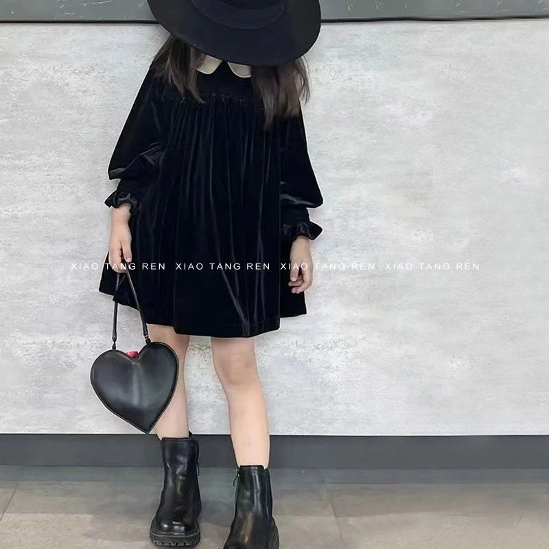 巴拉韩版高端女童丝绒连衣裙秋冬洋气小香风儿童长袖公主裙赫本风