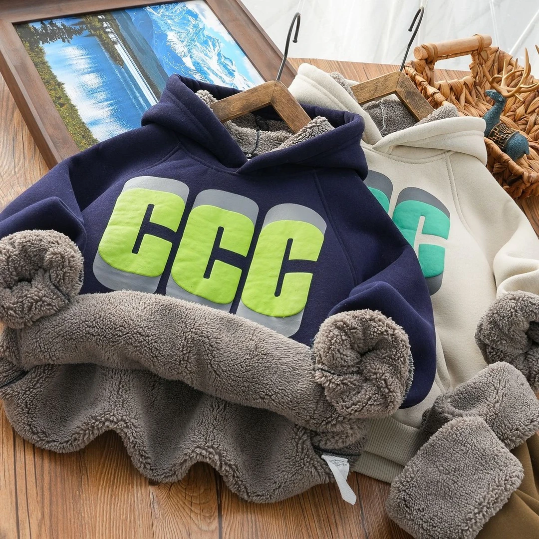 巴拉男童加绒加厚连帽卫衣一体绒宽松冬季新款中大童上衣童