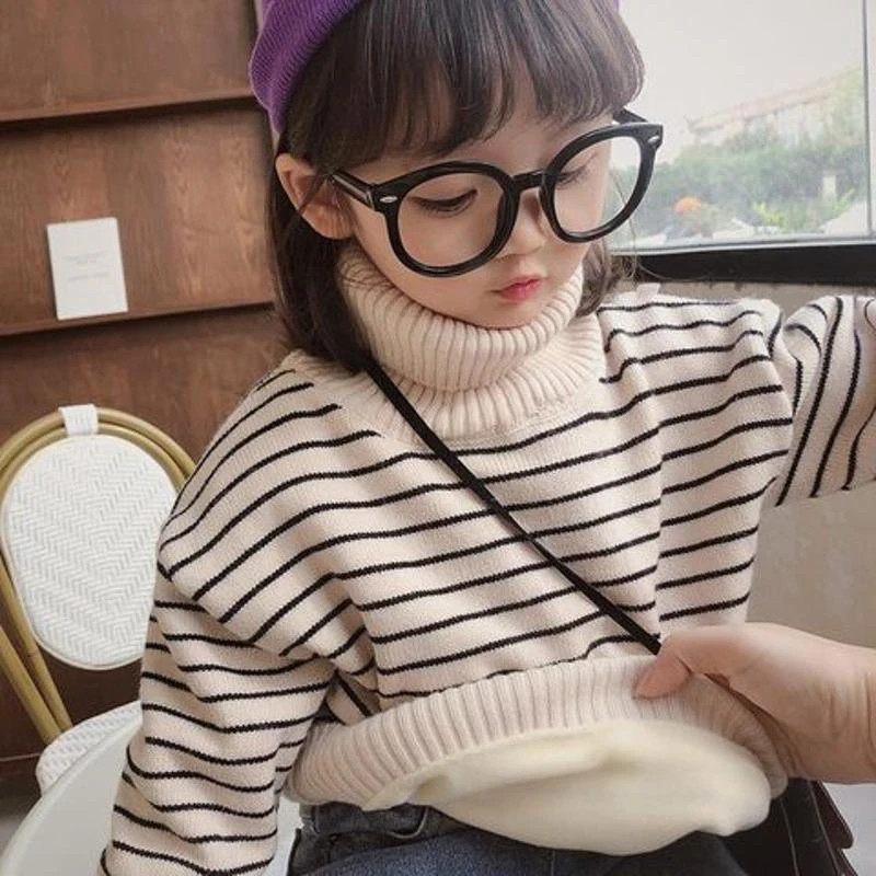 巴拉女童加绒加厚毛衣秋冬宝宝高领条纹保暖上衣针织打底衫儿童冬