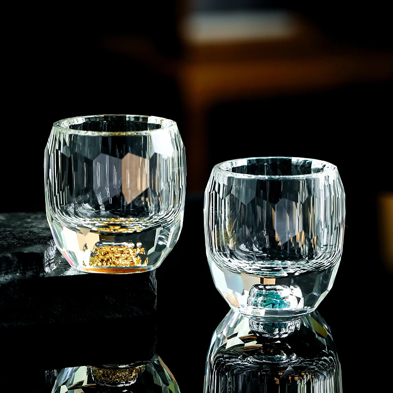 金箔品茗杯主人杯水晶茶杯玻璃茶杯创意轻奢星芒杯家用绿松石