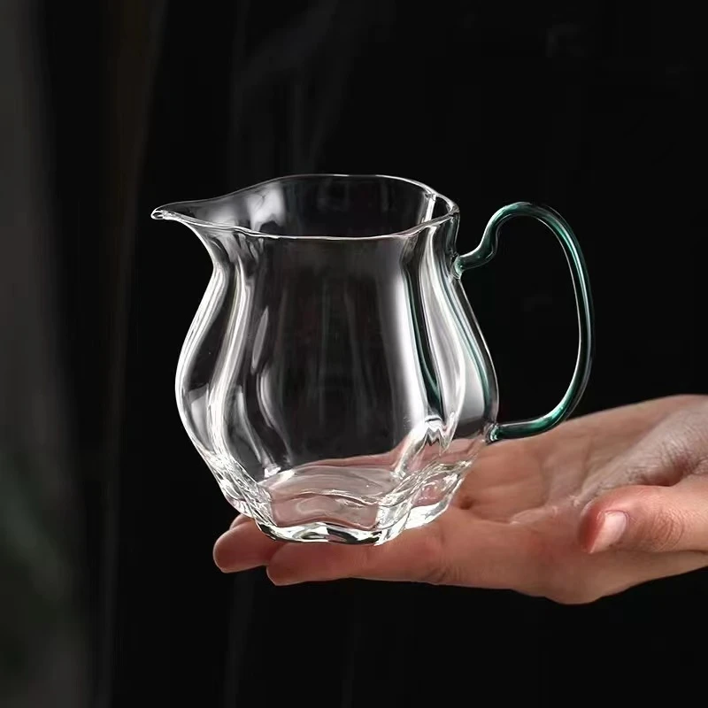 玻璃瓜棱公道杯粉色高硼硅公杯带把分茶器花型茶海绿茶泡茶器茶具