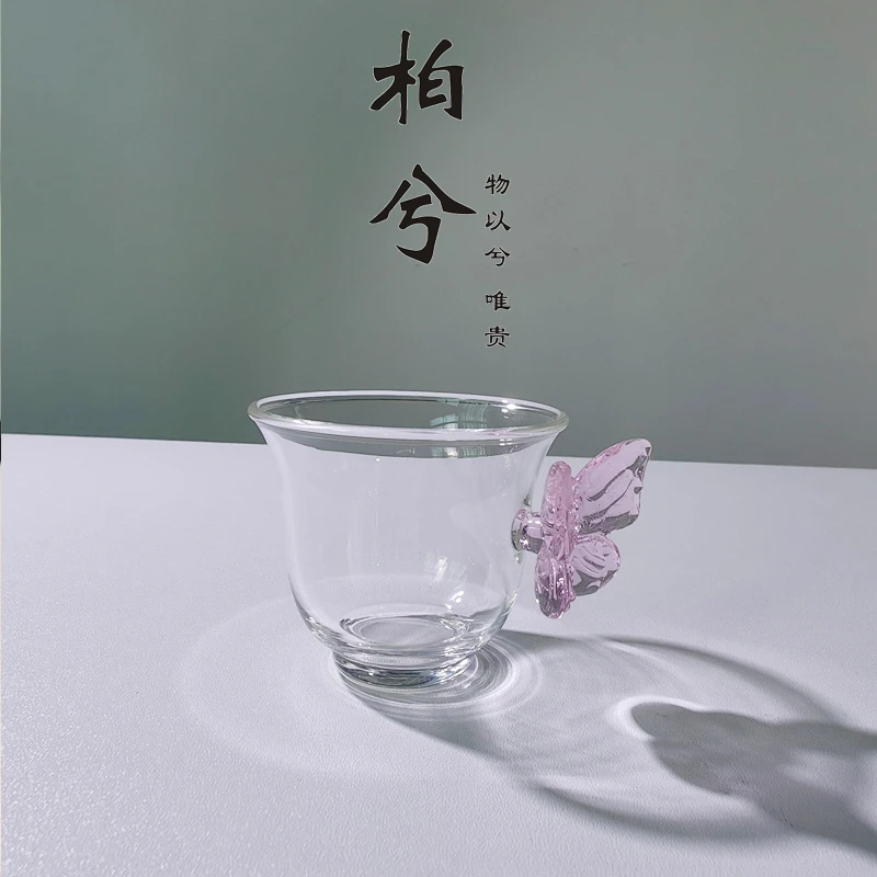 日式泡茶专用玻璃杯创意家用蝴蝶茶杯透明水杯单层耐高温水杯子