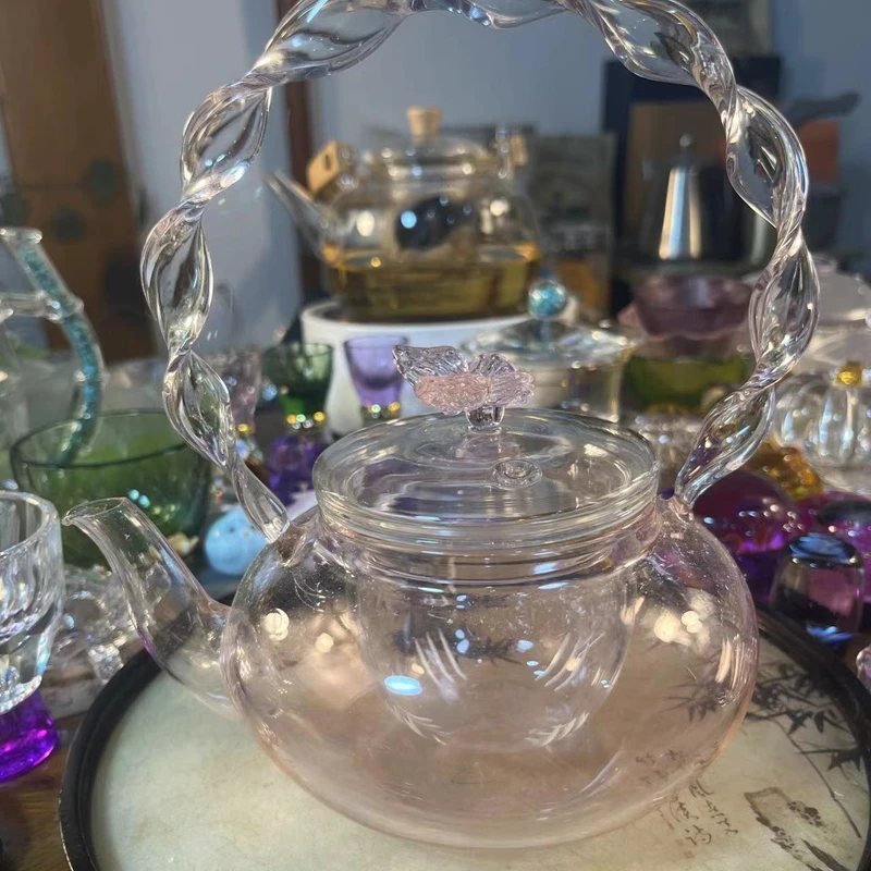 透明粉色蝴蝶花茶壶耐热玻璃煮茶壶电陶炉煮茶提梁壶单壶家用茶具