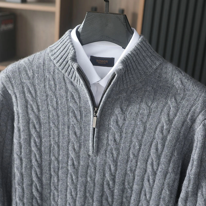 100%男士纯山羊绒衫半高领加厚套头秋冬季拉链针织提花立领毛衣