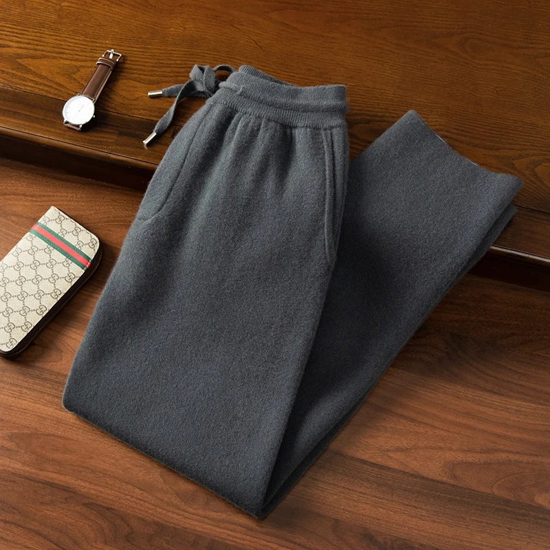 100%男士纯山羊绒裤加厚秋冬季新款空气层休闲直筒裤子