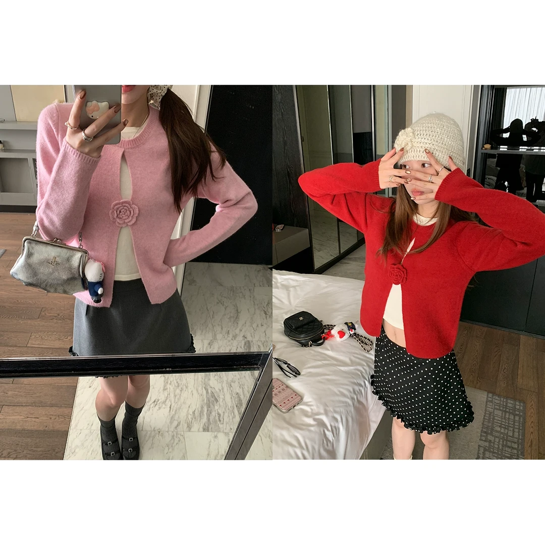 im向 【捕梦少女~】立体山茶花假两件圆领针织衫长袖短款套头上衣