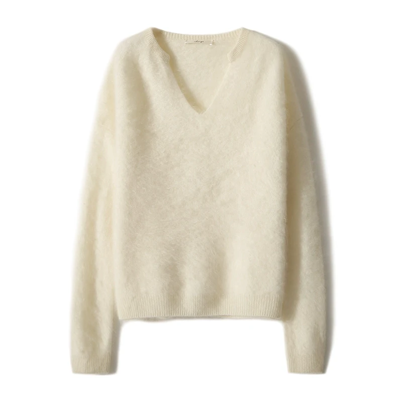 笑涵阁ZZJ564497AG 奢养软糯拉毛山羊绒！慵懒剪刀领针织衫女の