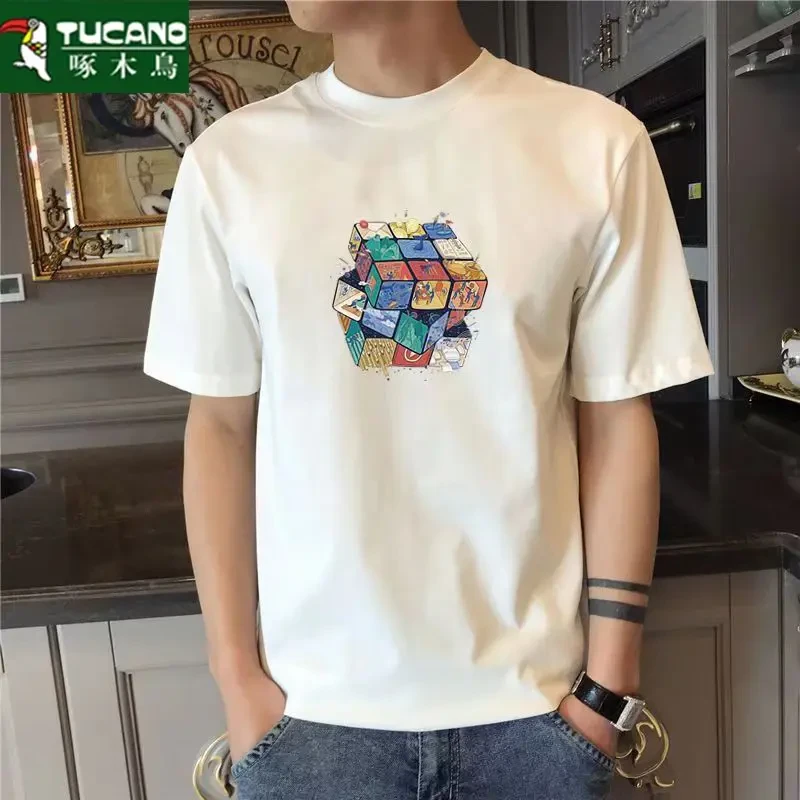 啄木鸟【230克】纯棉重磅短袖痞帅t恤潮流宽松印花半袖男装男士