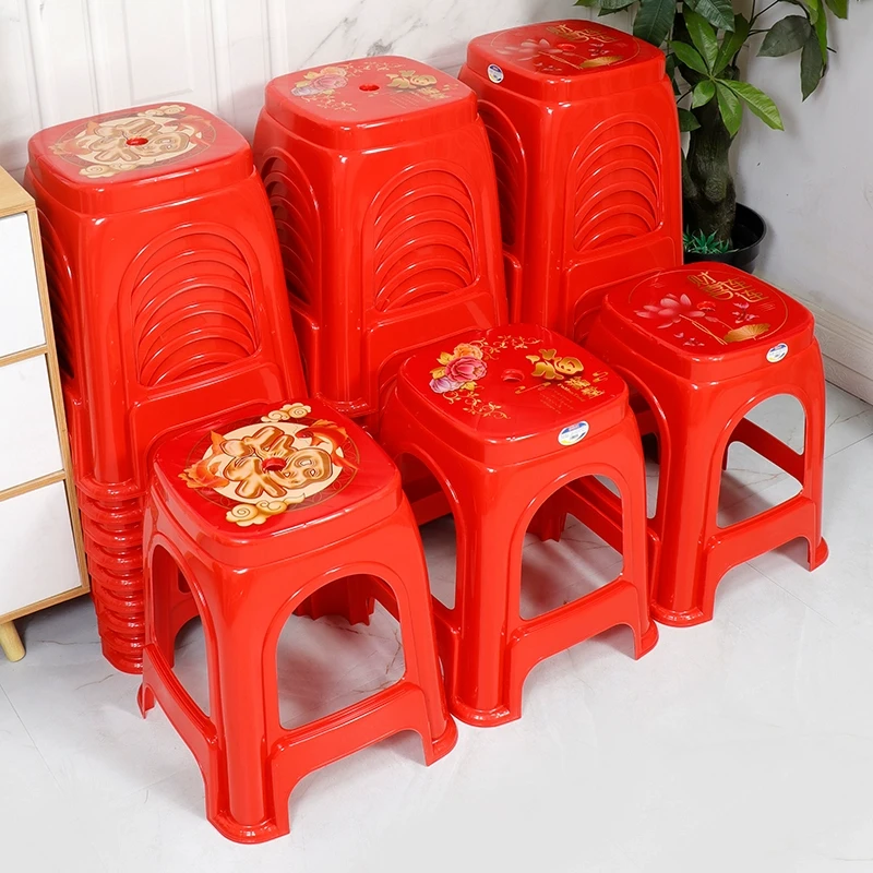 （1个装）8309-7号珠江印花喜庆结婚凳子椅子福字加厚塑料红色高凳
