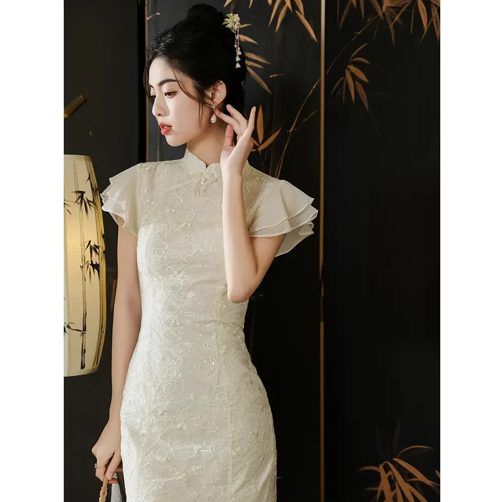 C298新中式清冷感优雅气质改良旗袍连衣裙飞飞袖轻奢蕾丝鱼尾裙