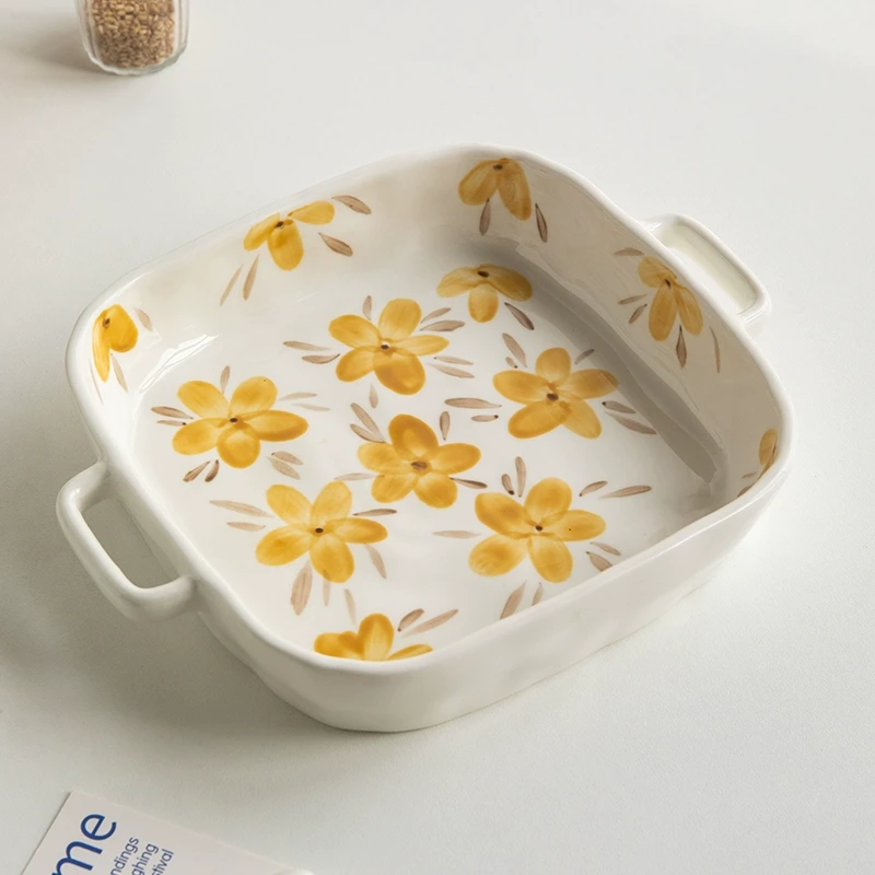 〖高颜值手绘双耳烤盘〗7英寸陶瓷方形防烫盘子芝士焗饭盘家用