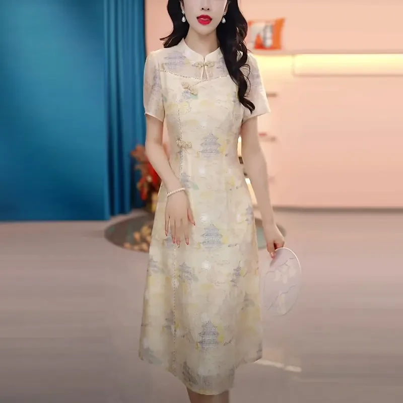 云锦丝新中式国风服饰2025夏季新款短袖复古日常改良旗袍连衣裙子