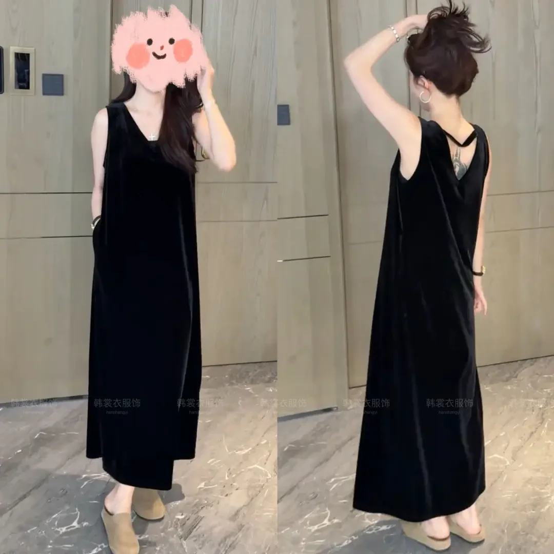2025秋季新款欧货无袖领显瘦气质丝绒连衣裙