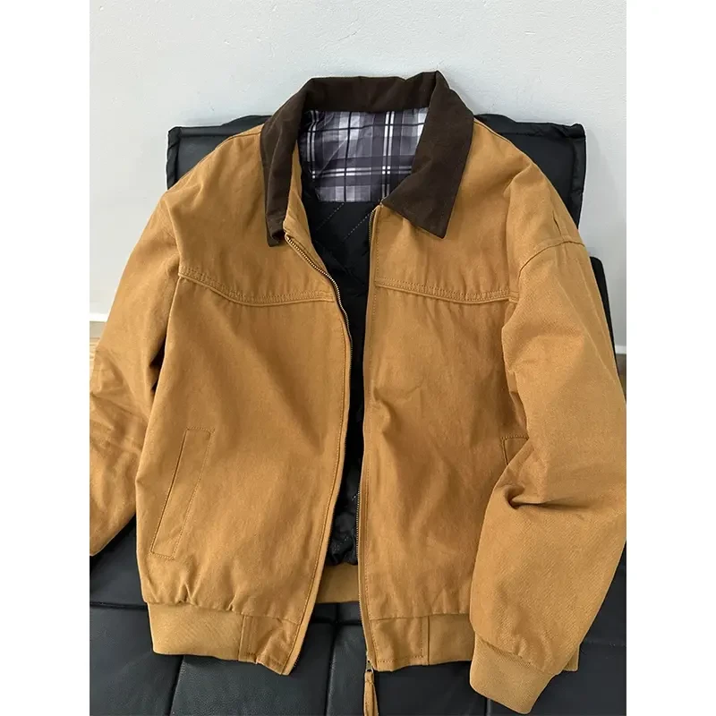 卡其色显瘦休闲棉服外套男款春秋潮牌美式复古水洗底特律工装夹克