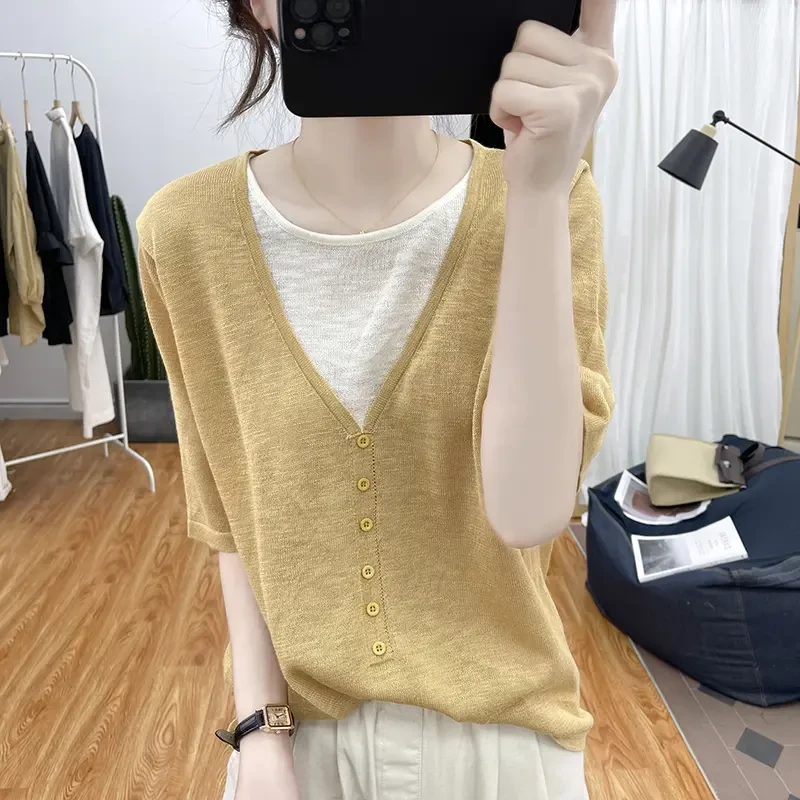 夏季设计感冰丝V领假两件短袖针织衫女韩版宽松T恤减龄上衣空调衫