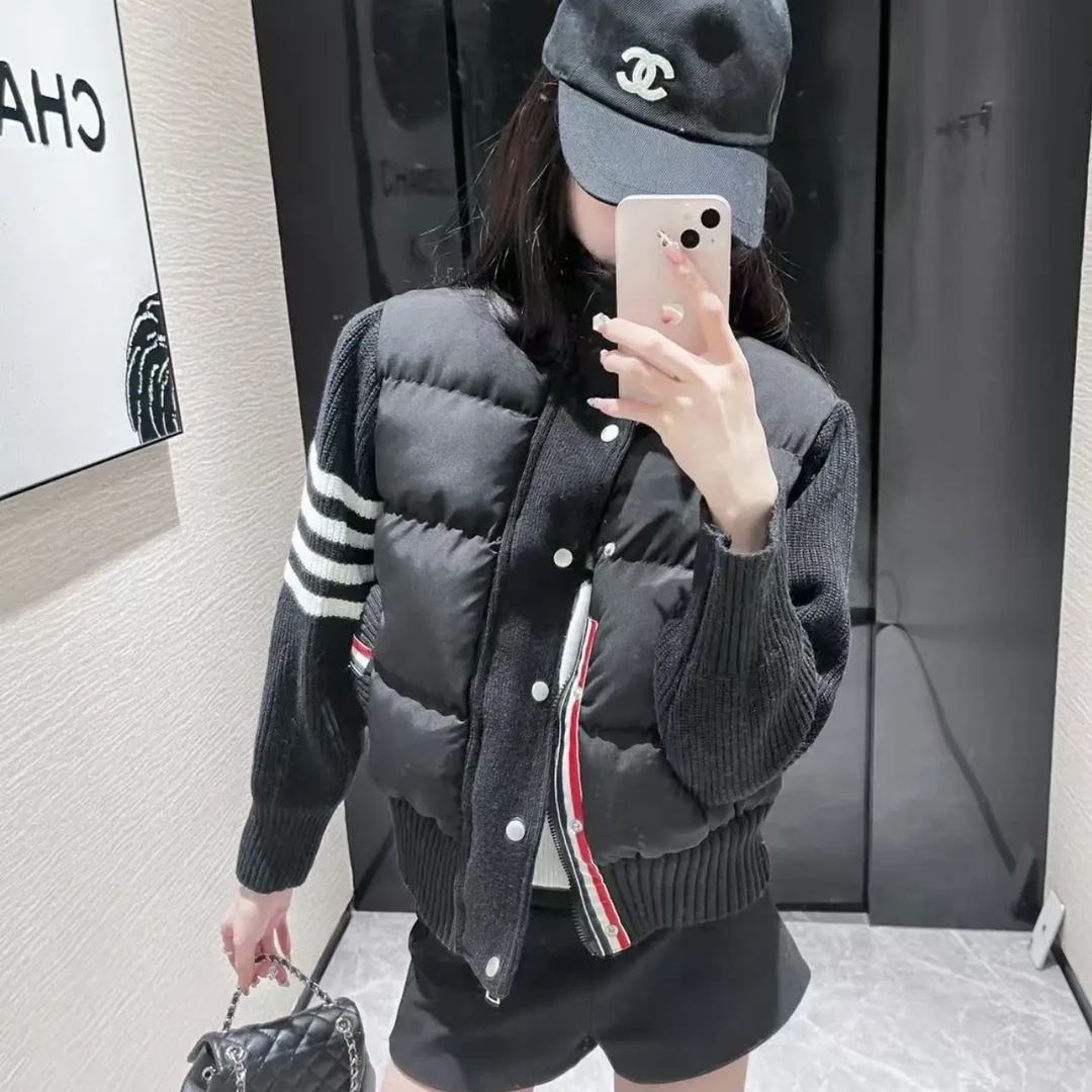 冬季轻薄拼接针织连帽修身保暖短款女简约百搭休闲外套