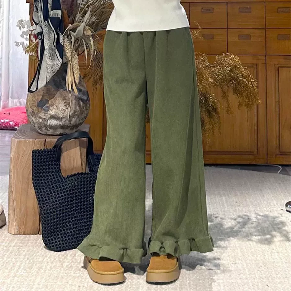 微笑向暖 复古灯芯绒长裤 少女百搭花边宽松直筒显瘦加绒休闲裤子