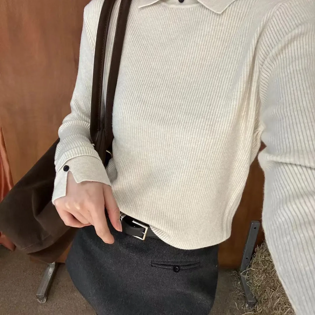 2025新款秋冬新款百搭修身领子两颗扣子针织打底衫女内搭