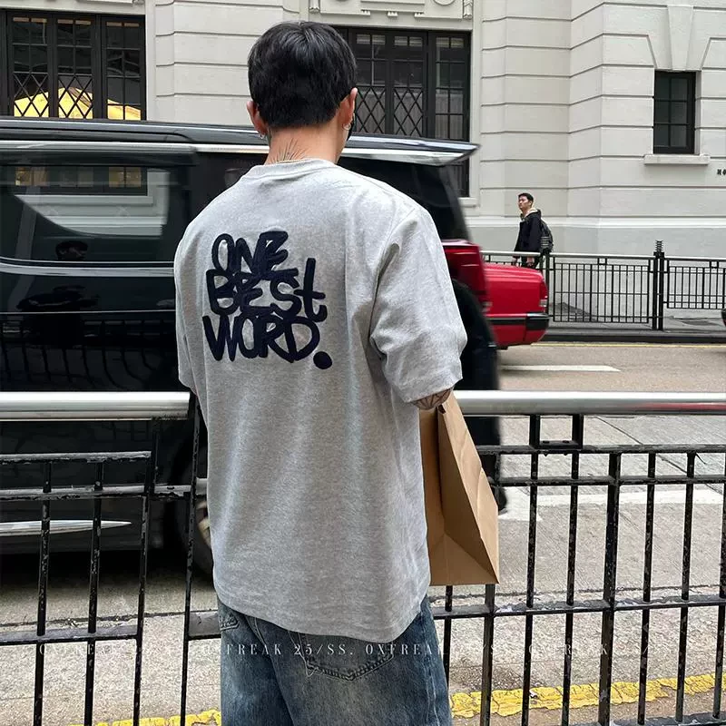 OXFREAK 「卡通字母刺绣」灰色双面针织短袖t恤男夏季美式五分袖