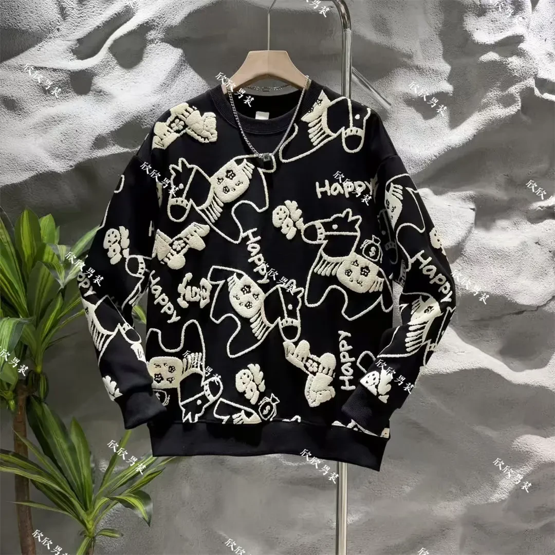 潮牌喜庆立体发泡痞帅时尚休闲男士卫衣秋冬长袖情侣红色宽松潮流