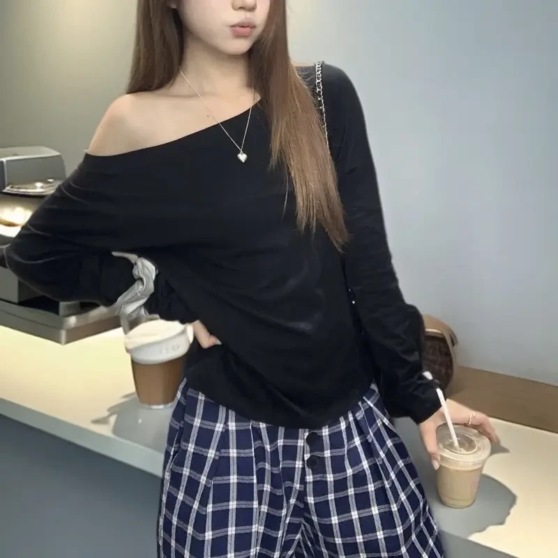 2025春秋新款设计感宽松弹力显瘦一字肩小众上衣女长袖T恤女百搭