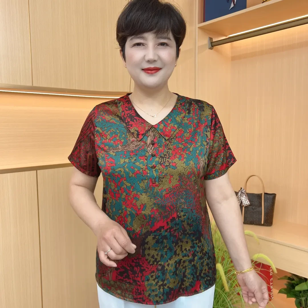 888夏季薄款凉凉上衣大码宽松时尚娃娃领中老年妈妈T恤短袖上衣