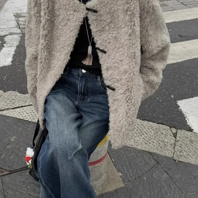 冬季新款韩系气质加厚圆领中长款宽松百搭女外套