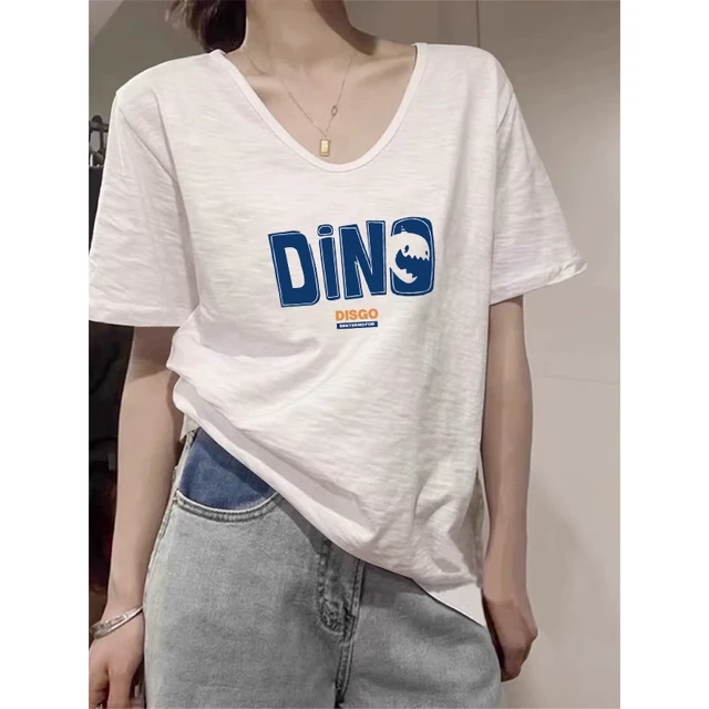 纯欲风辣妹宽松显瘦竹节潮短袖T恤女士夏季设计感小众V领印花上衣