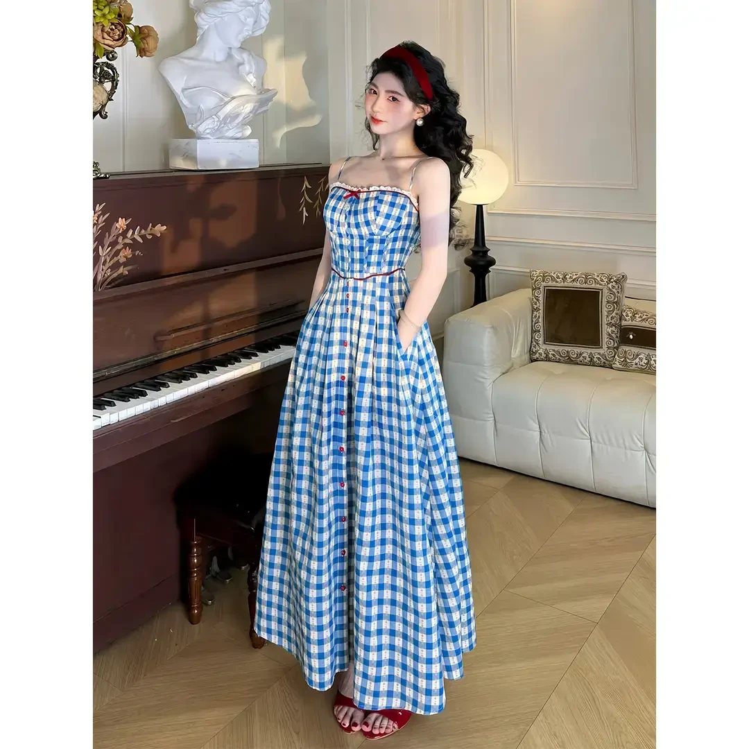 【爱乐之城】格子拼接显白修身碎花吊带连衣裙气质长裙