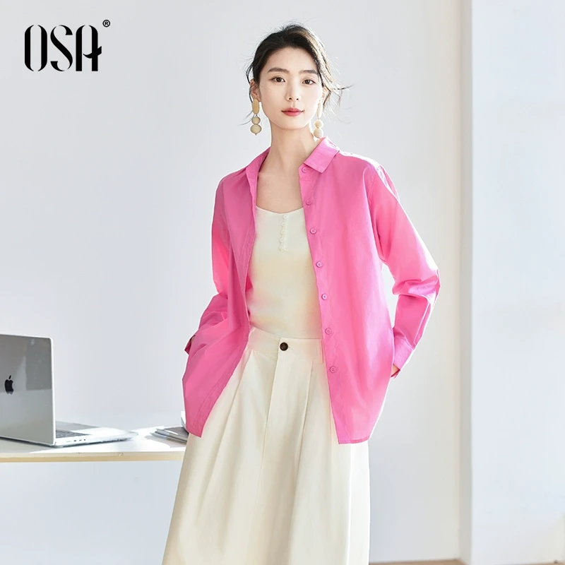 OSA/欧莎 粉色长袖衬衫女宽松气质衬衣设计感通勤上衣S123C12019