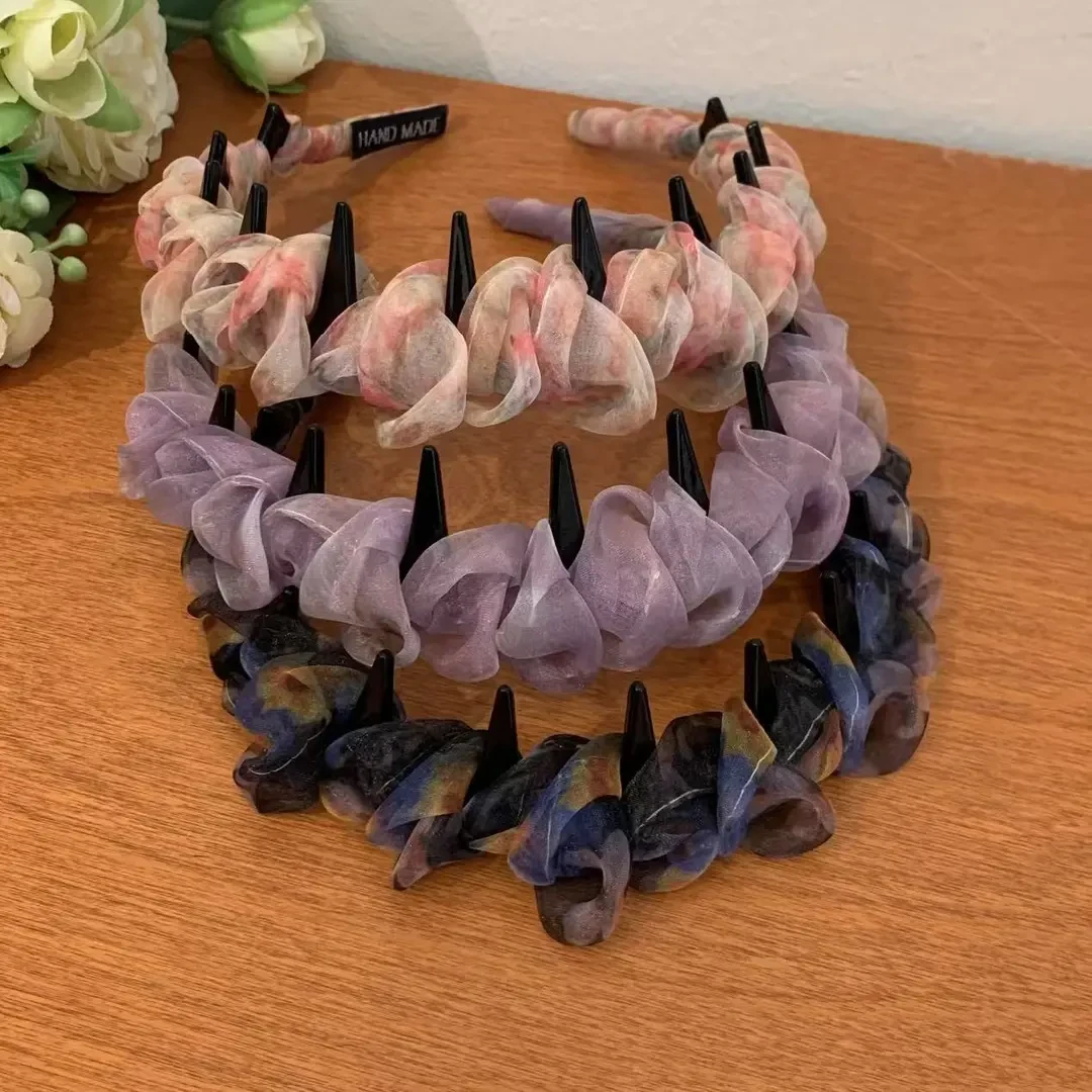 【炫彩渐变】时尚超仙褶皱网纱波浪发箍女夏季带齿防滑高颅顶头箍