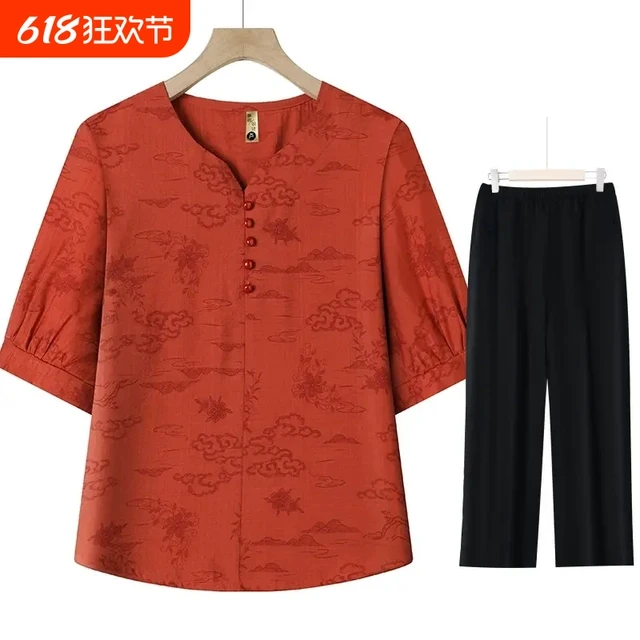 洋气妈妈夏装两件套民族风中老年女装大码中式衬衫T恤衫+裤子套装