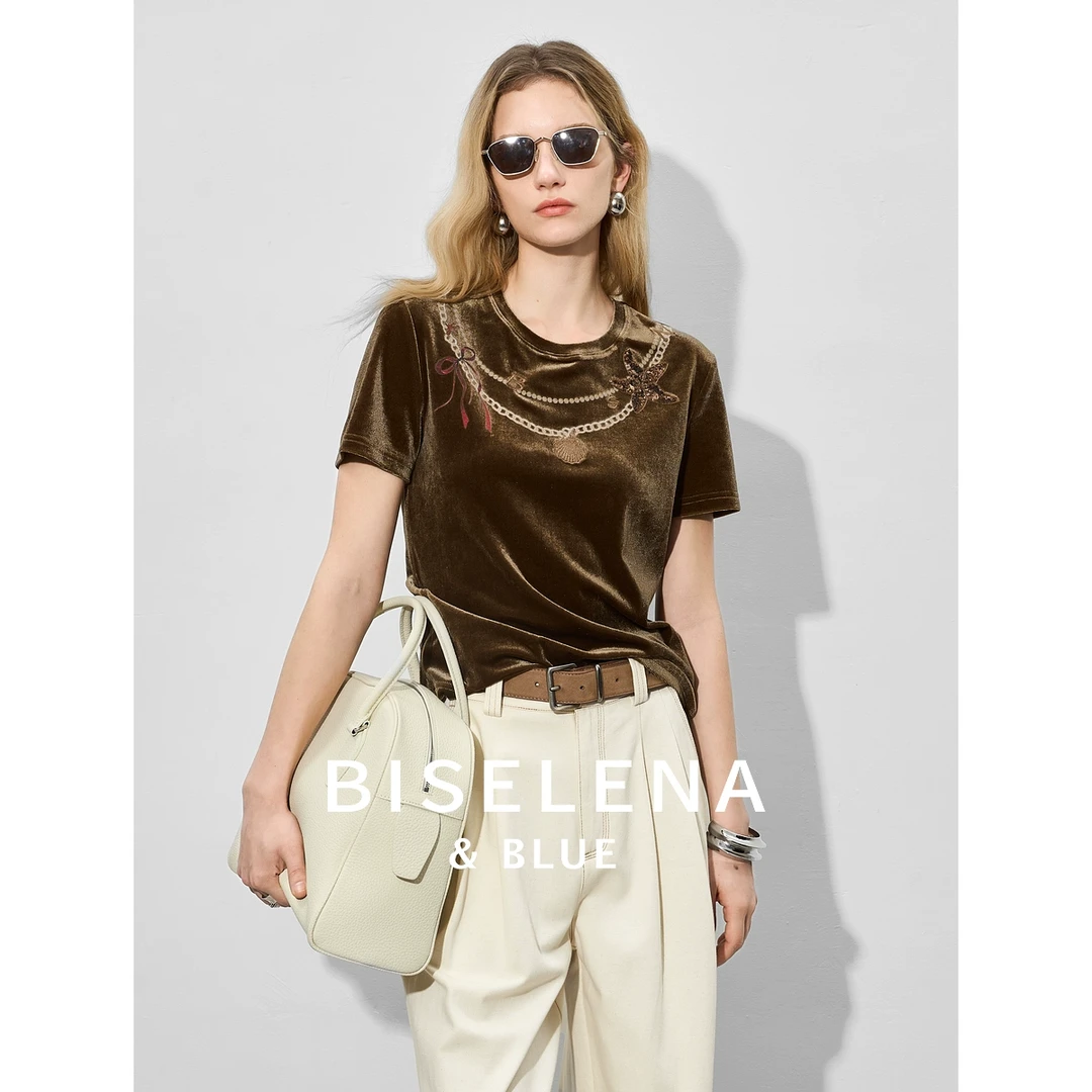 贝茜妮法式气质印花刺绣短袖t恤2025夏季宽松休闲圆领